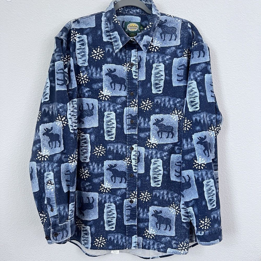 VTG‎ Cabelas Women's XL Button Up Long Sleeve Shirt Winter Snowflake Moose Print
